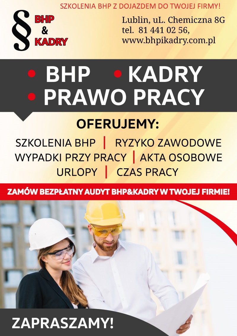 Mężczyzna w żółtym kasku i kobieta w białym kasku i okularach ochronnych analizują dokument, reklama usług BHP i kadr