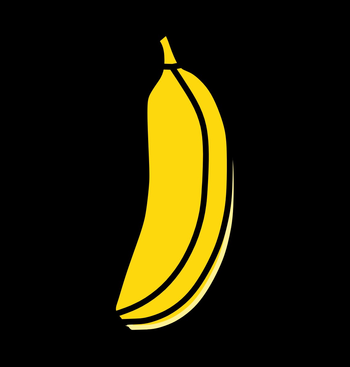 Ilustracja pojedynczego, dojrzałego banana z czarnym obrysem na czarnym tle.