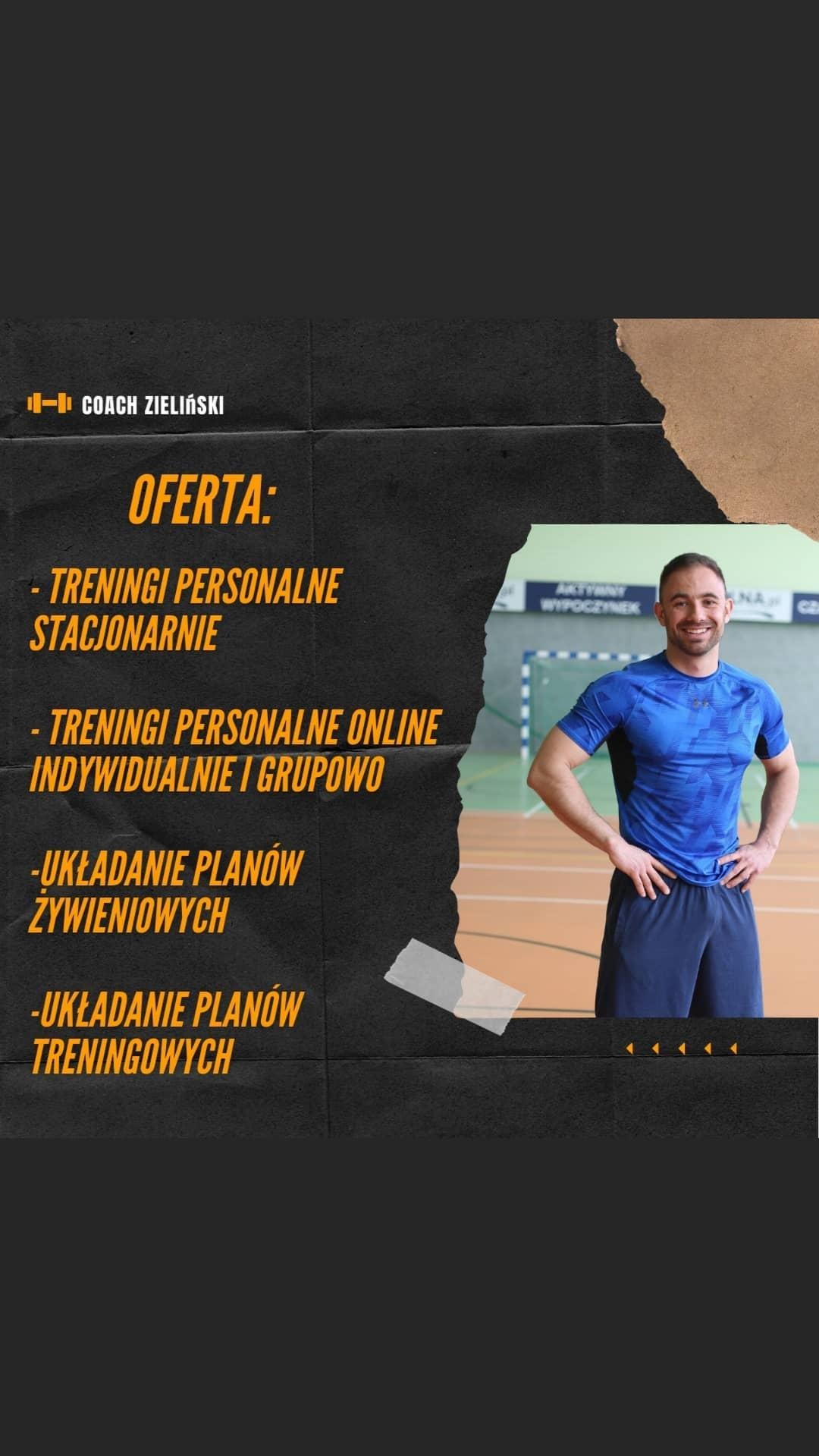 Grafika reklamowa trenera personalnego Zielińskiego z ofertą treningów stacjonarnych, online indywidualnych i grupowych, układania planów żywieniowych i treningowych. Trener w niebieskiej koszulce...