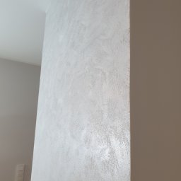 Illia Ivanov wykończenie wnętrz - Ściana pokryta dekoracyjną, srebrzystą fakturą, widoczna z bliska, z delikatnym połyskiem i subtelnymi nierównościami, sąsiadująca z gładką, beżową ścianą.