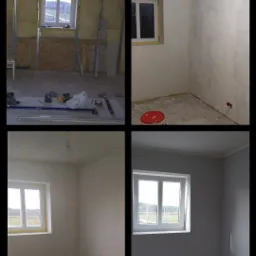 Cztery kadry z remontu pokoju na poddaszu: ocieplenie wełną, montaż stelażu pod płyty, gruntowanie ścian i malowanie na szaro z grzejnikiem pod oknem.