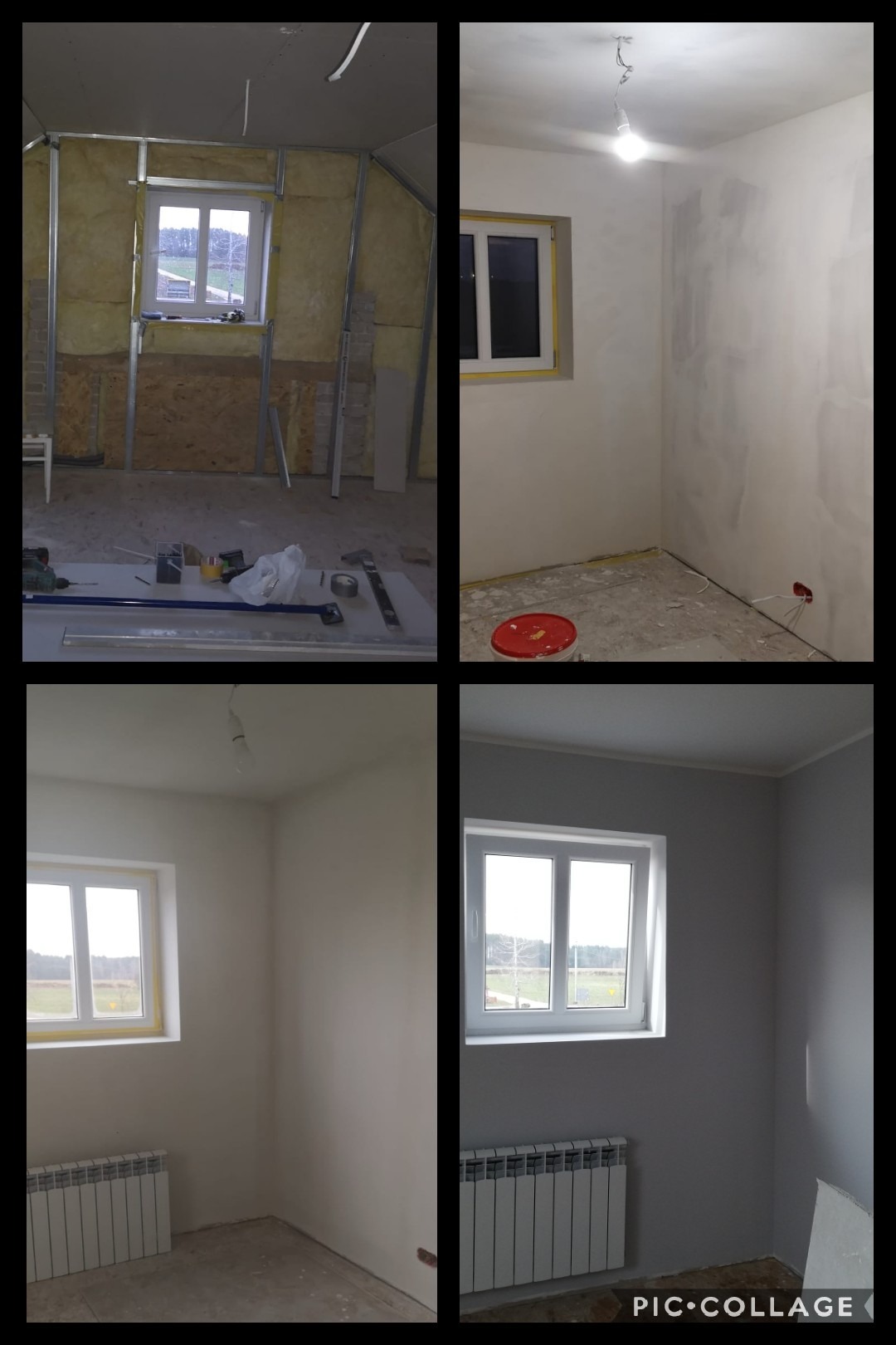 Cztery kadry z remontu pokoju na poddaszu: ocieplenie wełną, montaż stelażu pod płyty, gruntowanie ścian i malowanie na szaro z grzejnikiem pod oknem.