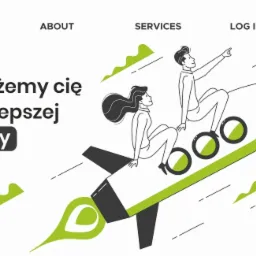 Ilustracja strony internetowej Sitefy z dwiema postaciami na rakiecie, symbolizująca rozwój i nowoczesność.