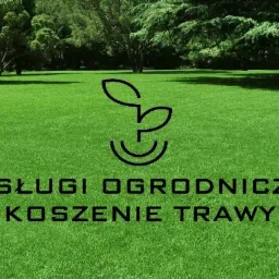 Logo firmy ogrodniczej na tle idealnie przystrzyżonego trawnika, z napisem 'Usługi Ogrodnicze Koszenie Trawy'.