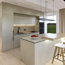 Wizualizacja nowoczesnej kuchni z beżowymi szafkami, wyspą z drewnianym blatem, minimalistycznym oświetleniem i owocami w misce na wyspie.