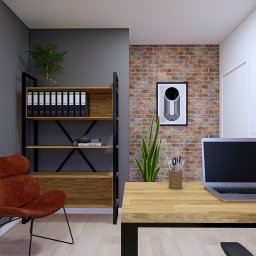 MSPROJEKT Michał Świerczek - Wizualizacja biura domowego z ceglaną ścianą, biurkiem z laptopem, regałem na dokumenty i fotelem. Minimalistyczny design z roślinami i dekoracjami.