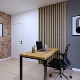 Wizualizacja biura: biurko z laptopem, krzesło obrotowe, ściana z cegły i drewniane lamele. Minimalistyczny design, czarno-białe grafiki na ścianach.