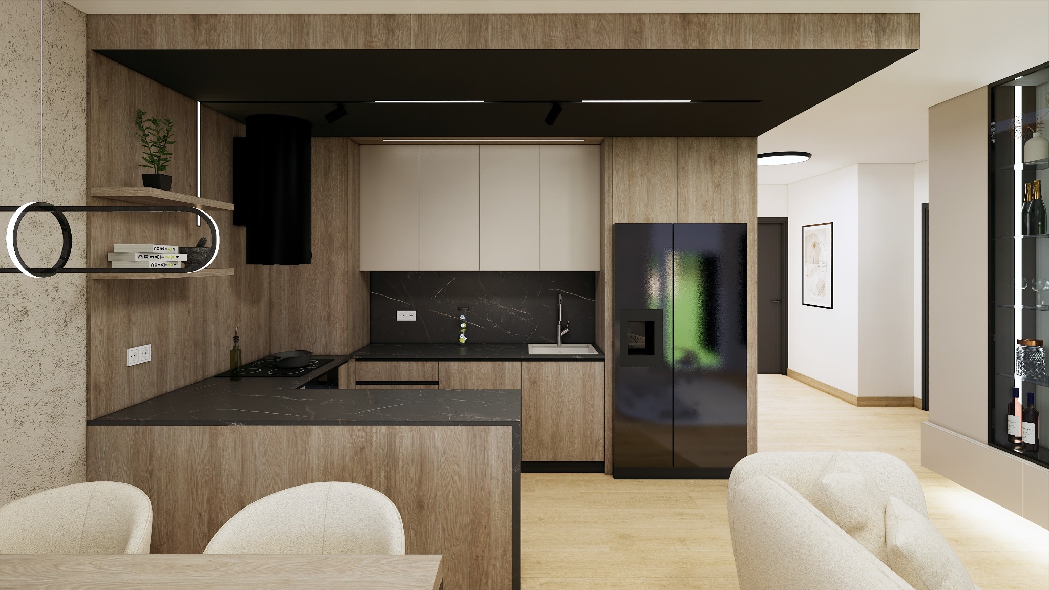 Nowoczesna kuchnia z drewnianymi frontami, czarnym blatem imitującym marmur, czarną lodówką i oświetleniem punktowym, widok z perspektywy jadalni.
