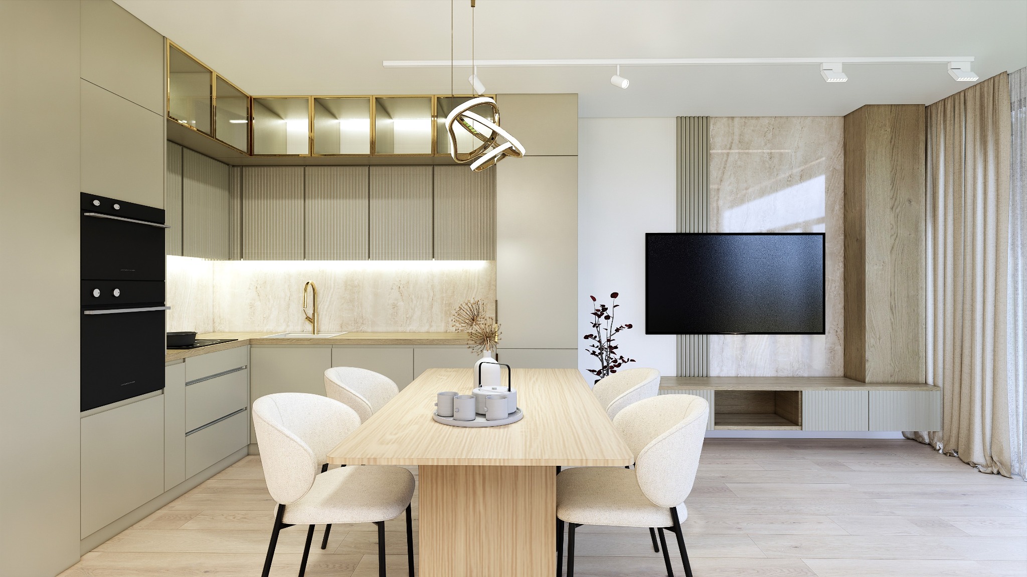 Nowoczesna aranżacja wnętrza: połączona kuchnia z jadalnią w beżowych tonacjach, z drewnianym stołem, białymi krzesłami, zabudową kuchenną z oświetleniem LED i telewizorem na ścianie.