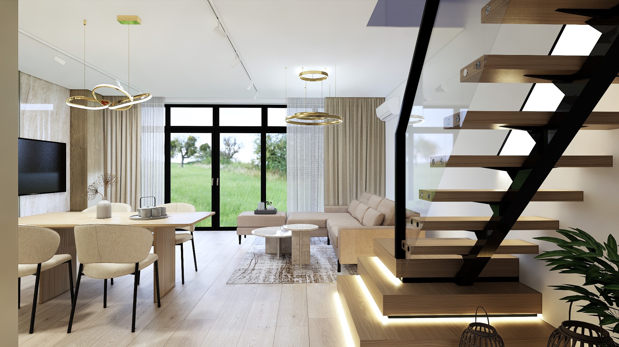 Jasne wnętrze mieszkania z widokiem na zieleń przez duże okno, nowoczesne schody z podświetleniem LED, beżowa sofa narożna i okrągłe stoliki kawowe, stół z krzesłami w minimalistycznym stylu...