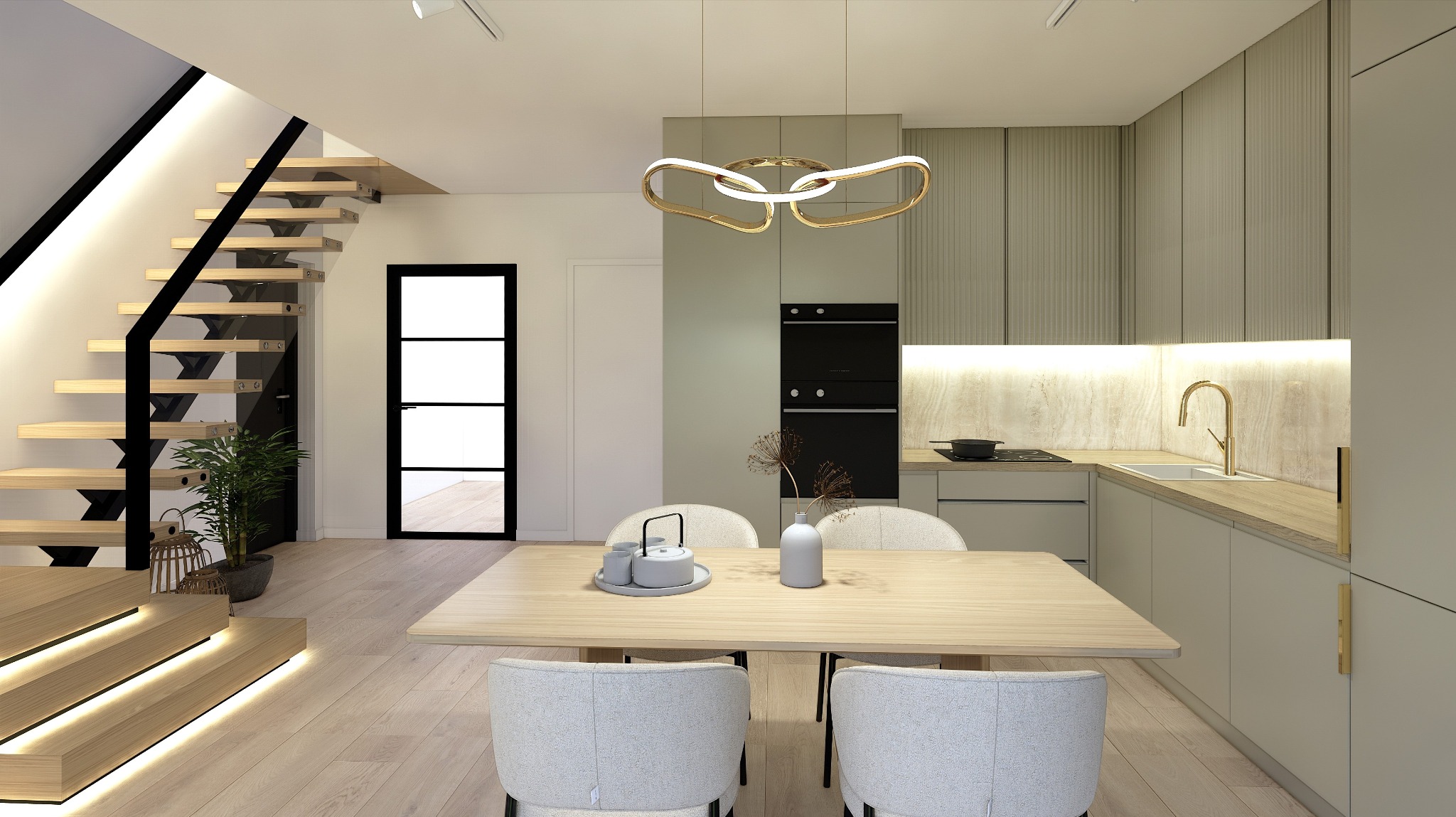 Wnętrze jasnej kuchni z drewnianym stołem, krzesłami tapicerowanymi i schodami z podświetleniem LED. Nad stołem designerska lampa. W tle zabudowa kuchenna w odcieniach beżu z elementami drewna.