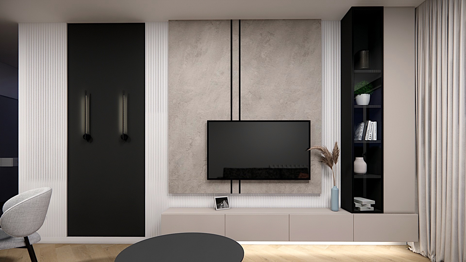 Nowoczesny salon z minimalistyczną ścianą TV: beżowe panele, czarne akcenty, subtelne oświetlenie i dekoracje. Jasne drewno podłogi i szara sofa dodają elegancji.