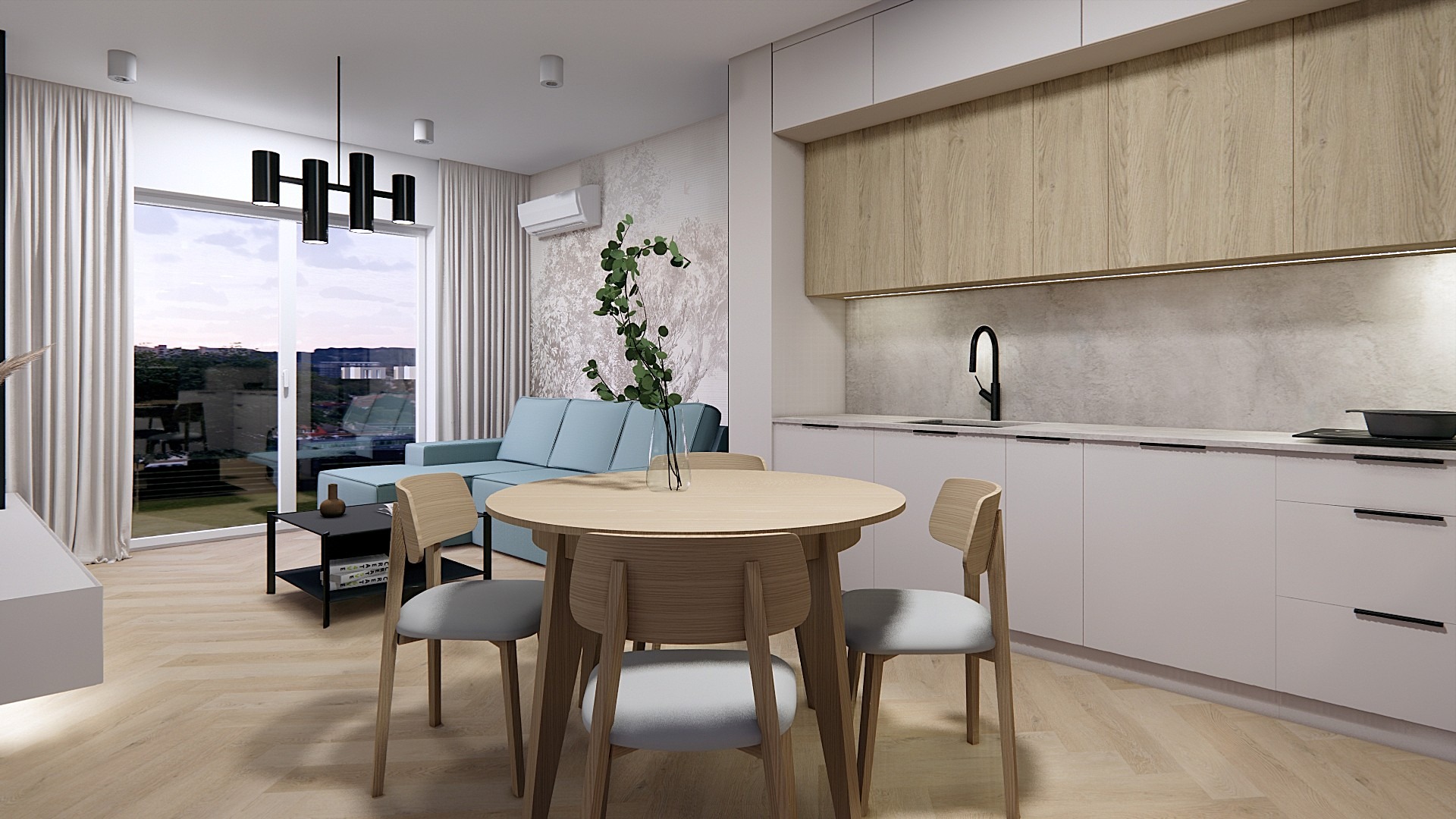 Jasne wnętrze z drewnianym stołem i krzesłami, błękitną sofą oraz minimalistyczną kuchnią z drewnianymi szafkami. Widok na zewnątrz przez duże okno.
