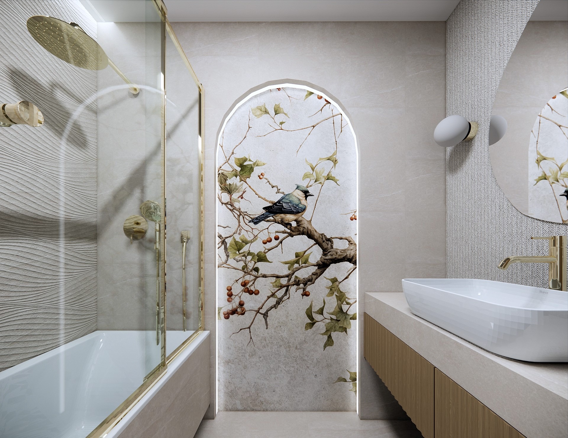 Elegancka łazienka z wanną, deszczownicą w złotym kolorze, umywalką nablatową i dekoracyjnym panelem ściennym z motywem ptaka na gałęzi.