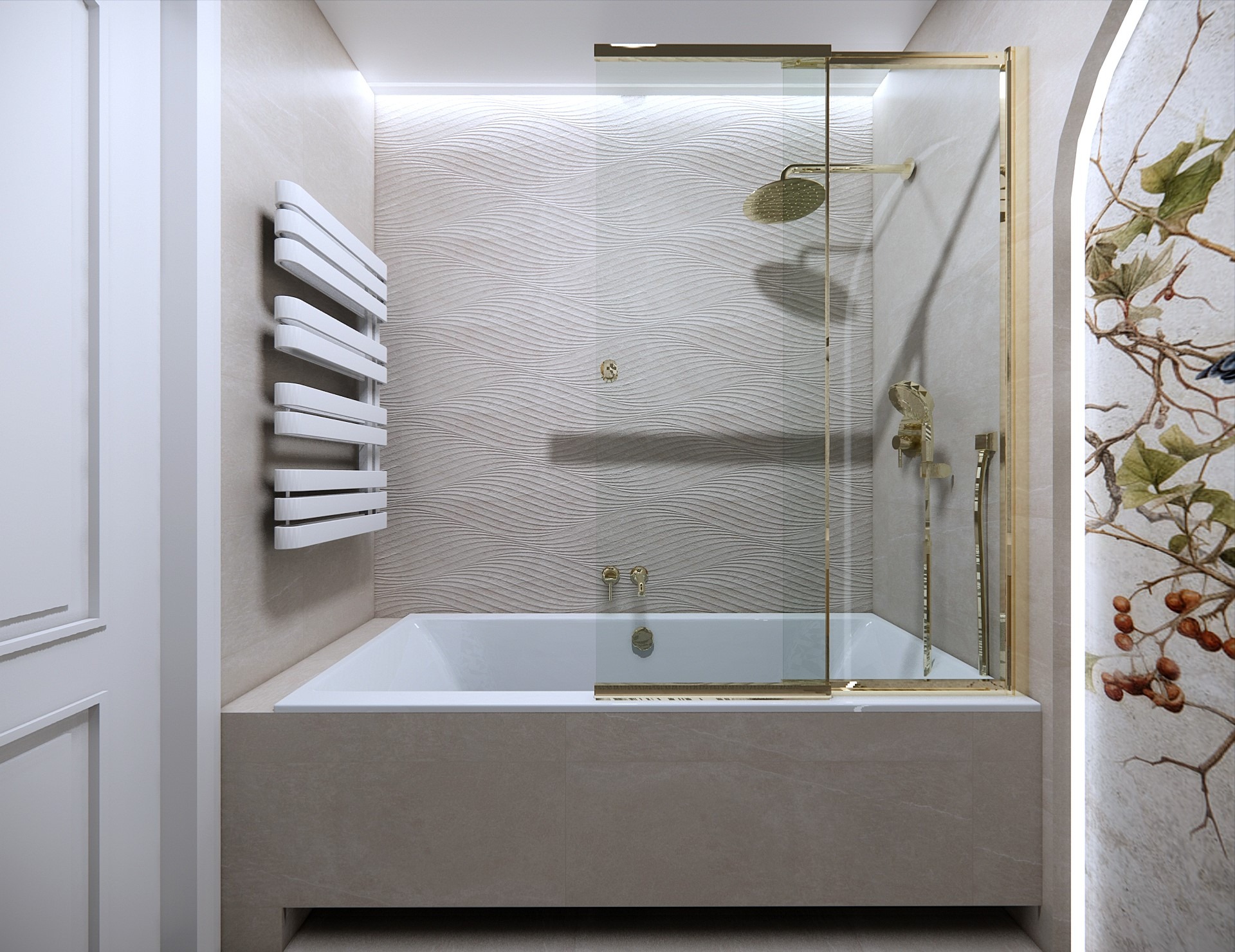Nowoczesna łazienka: wanna obudowana płytkami, szklany parawan z złotymi detalami, dekoracyjna ściana z motywem roślinnym i grzejnik drabinkowy.