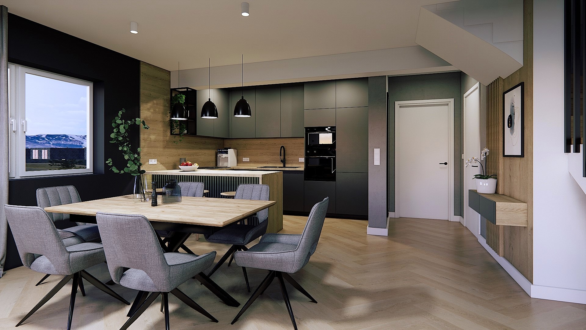 Nowoczesna jadalnia z drewnianym stołem i szarymi krzesłami na tle minimalistycznej kuchni z czarnymi szafkami i drewnianym blatem. Podłoga w jodełkę.