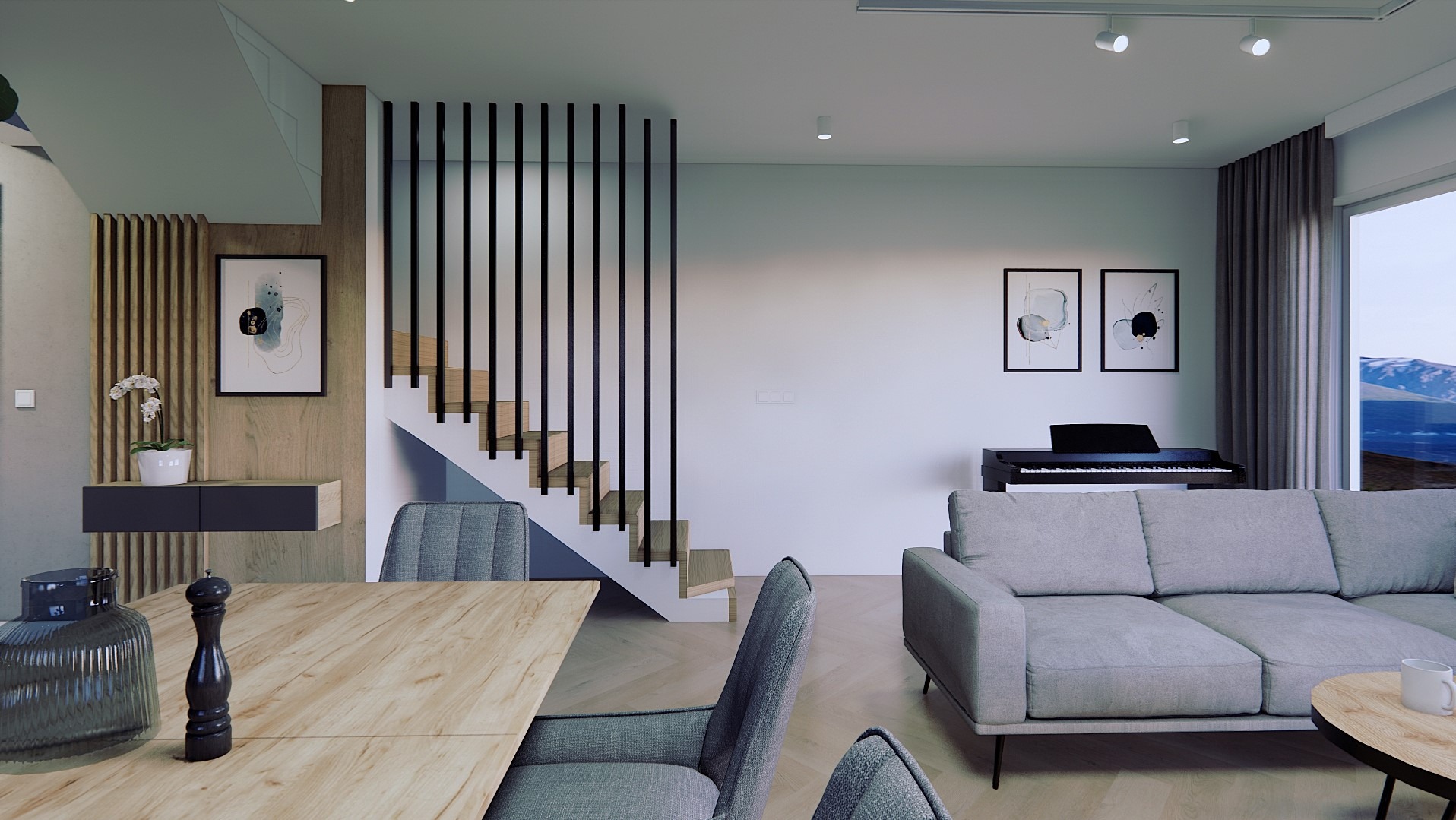 Nowoczesne wnętrze z drewnianym stołem, schodami z czarnymi barierkami i szarą sofą, widok na góry w tle. Aranżacja mieszkania w Nowym Sączu.