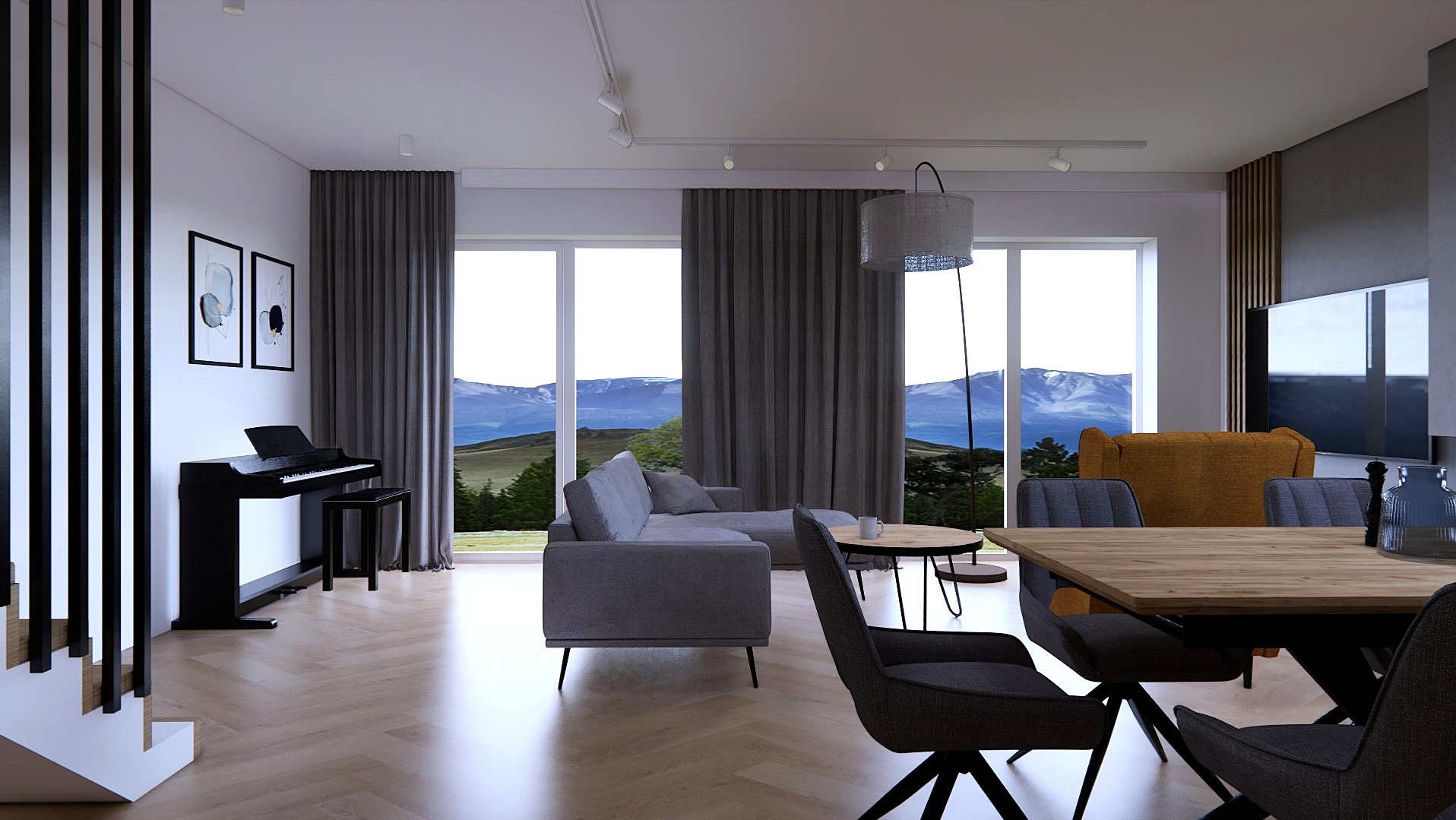 Nowoczesny salon z dużymi oknami, szarą sofą, drewnianym stołem jadalnym i czarnym pianinem. Widok na góry w tle. Minimalistyczny design z elementami drewna i szarości.