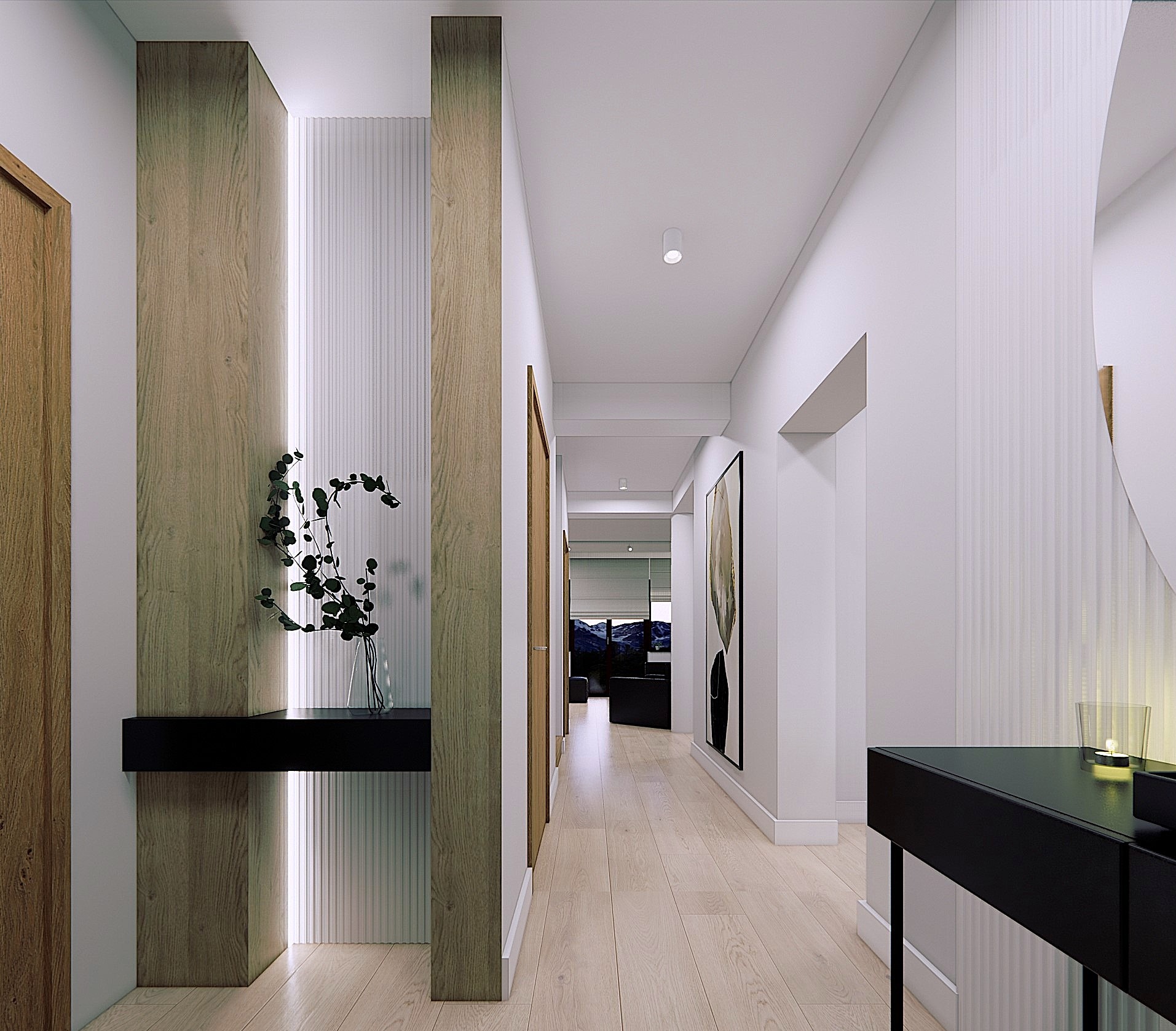 Nowoczesny korytarz z drewnianymi panelami, subtelnym oświetleniem i minimalistyczną konsolą. Wazon z zielenią dodaje świeżości. Jasna podłoga i stonowana kolorystyka.
