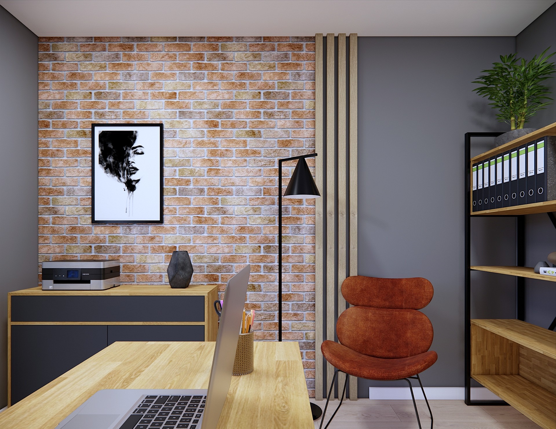 Biuro w stylu industrialnym: ceglana ściana, czarna lampa, pomarańczowe krzesło, drewniany regał z segregatorami, biurko z laptopem. Nowoczesne i funkcjonalne.