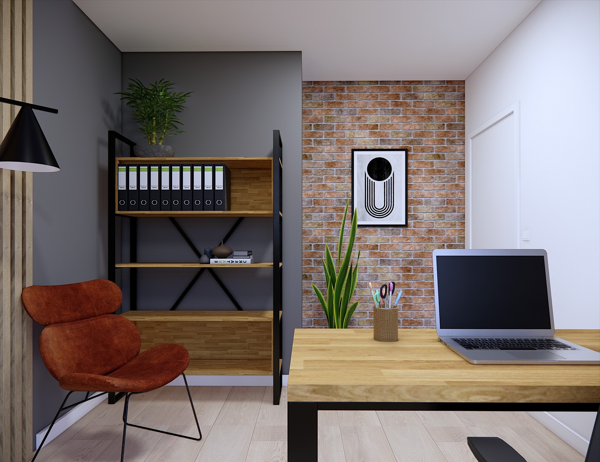 Wizualizacja biura domowego z ceglaną ścianą, biurkiem z laptopem, regałem na dokumenty i fotelem. Minimalistyczny design z roślinami i dekoracjami.