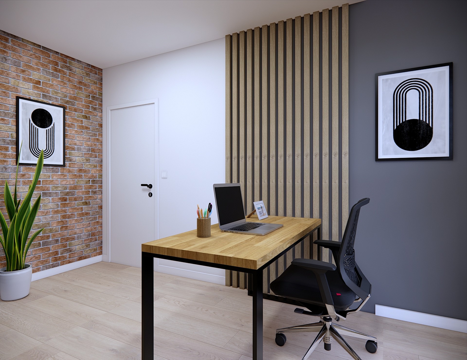 Wizualizacja biura: biurko z laptopem, krzesło obrotowe, ściana z cegły i drewniane lamele. Minimalistyczny design, czarno-białe grafiki na ścianach.
