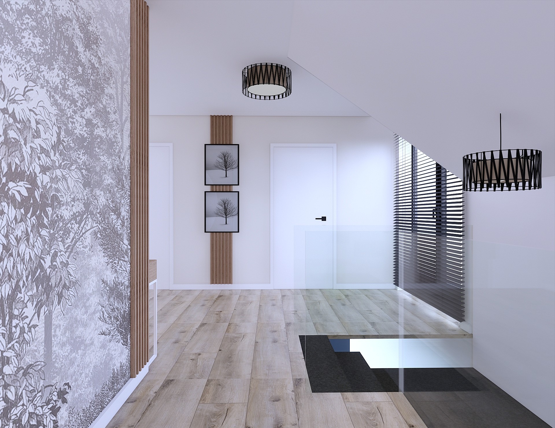 Nowoczesny przedpokój z tapetą w leśny motyw, drewnianą podłogą i schodami z przezroczystą balustradą. Dwa obrazy z drzewami i designerskie lampy.