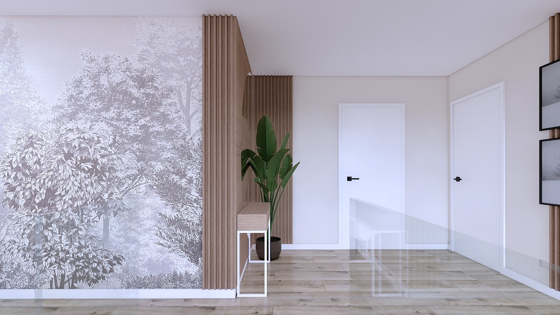 Nowoczesny przedpokój: fototapeta z motywem lasu, lamelowa ściana z konsolą i rośliną. Minimalistyczne drzwi i obrazy w czarnych ramkach dopełniają aranżację.
