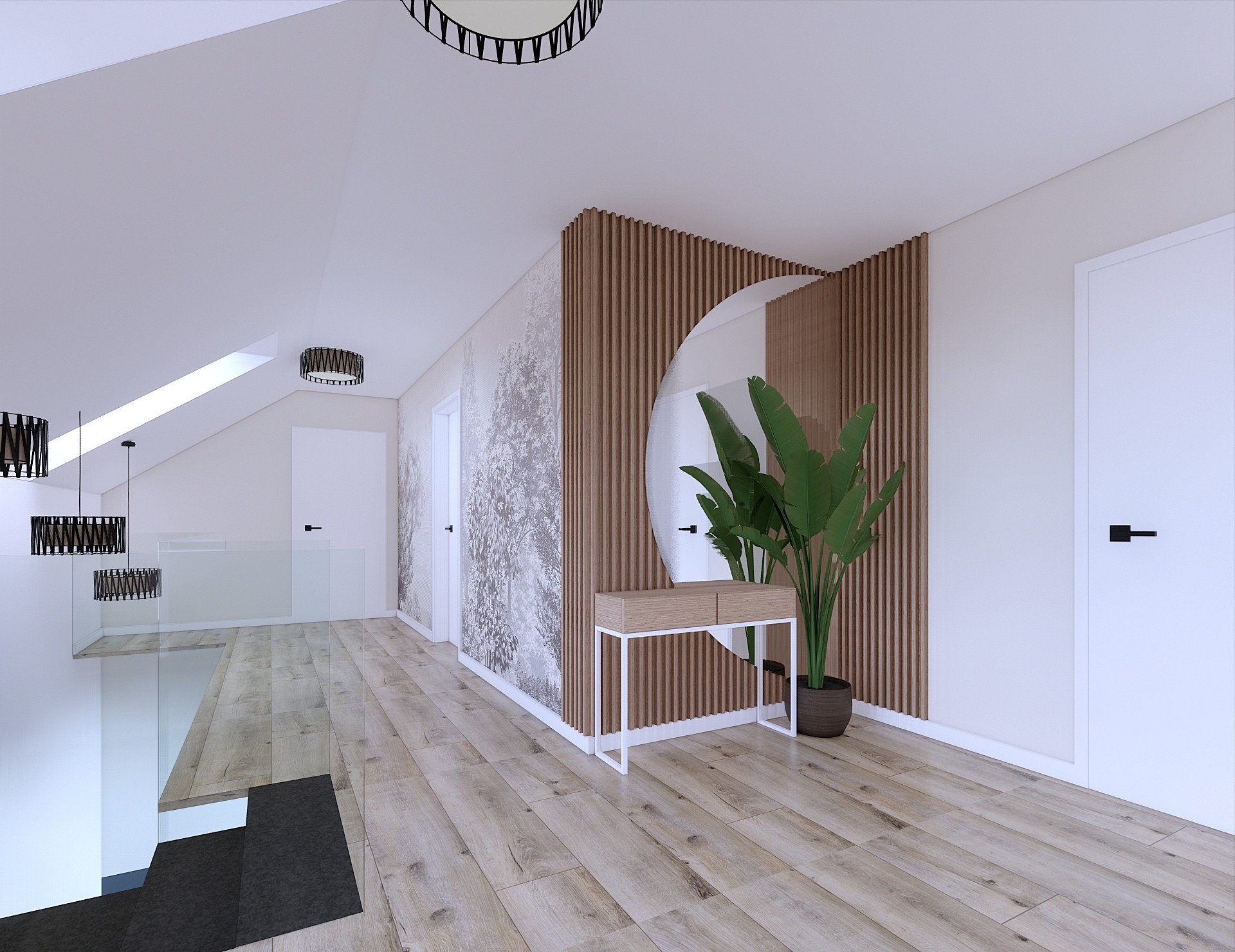 Nowoczesny hall na poddaszu z drewnianą podłogą, konsolą, rośliną i okrągłym lustrem na tle ściany z drewnianych listew. Minimalistyczny design, jasne wnętrze.