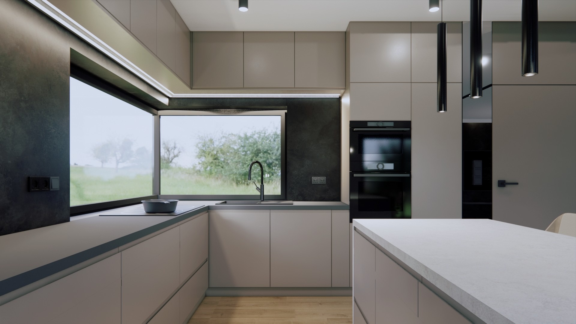 Nowoczesna kuchnia w beżach z dużym oknem na ogród. Minimalistyczne lampy wiszące, zabudowa kuchenna z piekarnikiem i płytą. Czarny panel za oknem.