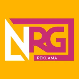 Logo firmy reklamowej NRG na żółtym tle, z białym 'N' w trójkącie i różowym 'RG' w prostokątnej ramce, pod spodem napis 'REKLAMA'.