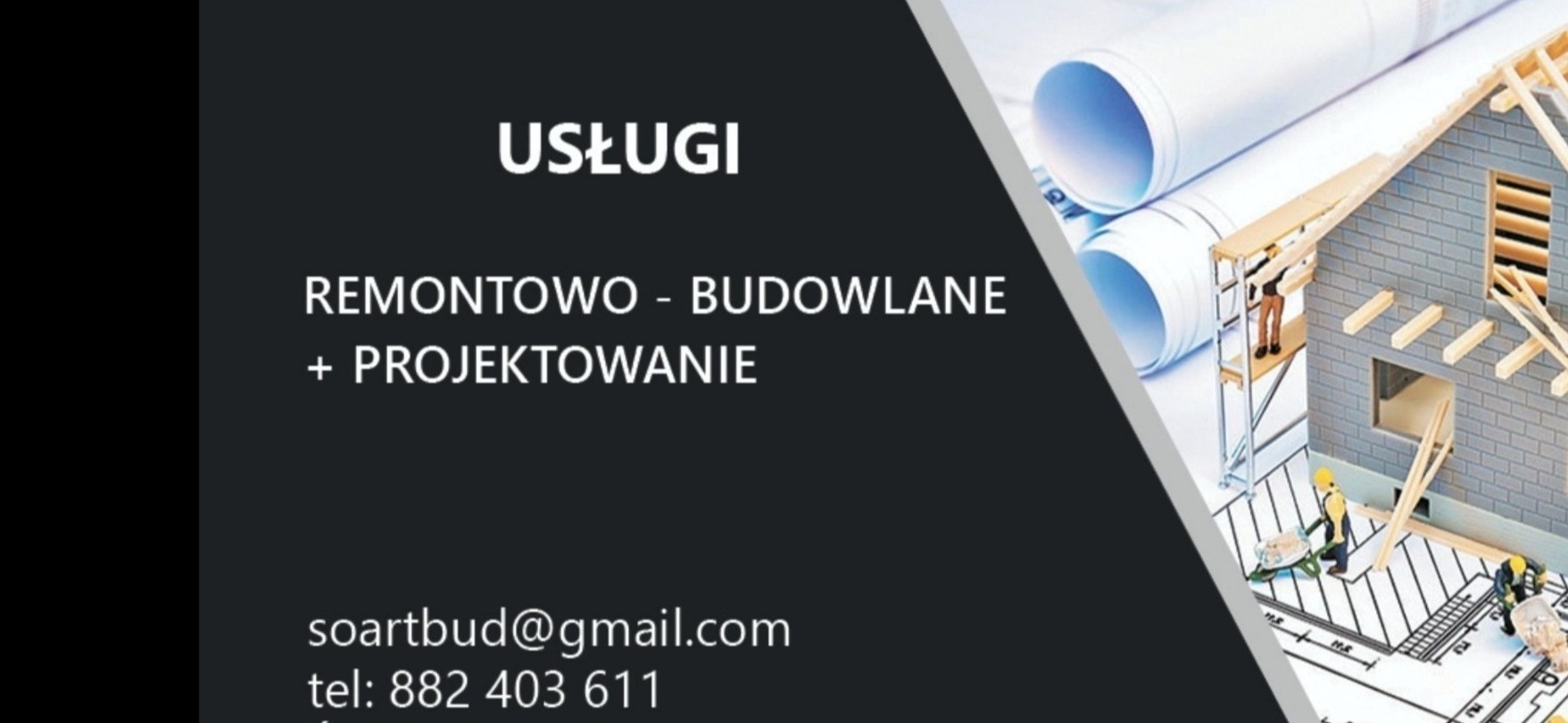 Grafika reklamowa firmy remontowo-budowlanej z Warszawy, prezentująca miniaturę domu w trakcie budowy na tle zwiniętych planów architektonicznych oraz dane kontaktowe firmy.