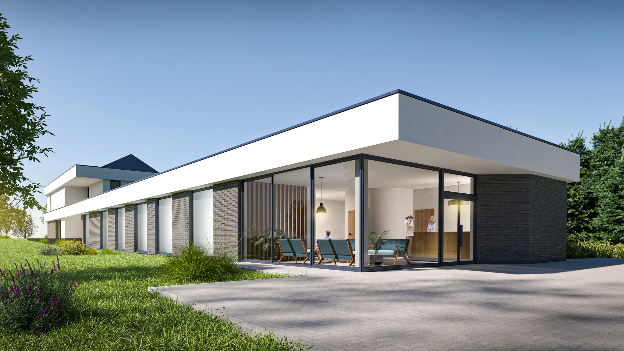 Wizualizacja nowoczesnego budynku biurowego z dużymi przeszkleniami, otoczonego zielenią. Wnętrze widoczne przez okna, z recepcją i miejscami do siedzenia.