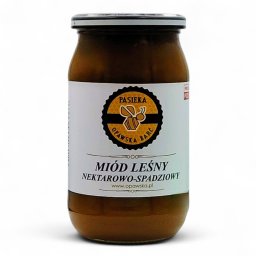 Pasieka Opawska Barć Bartosz Citak - Słoik z miodem leśnym nektarowo-spadziowym od Pasieki Opawska Barć, z widoczną etykietą i logotypem pszczoły na tle plastra miodu. Produkt na białym tle.