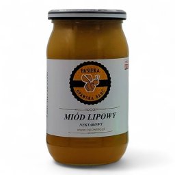 Pasieka Opawska Barć Bartosz Citak - Słoik miodu lipowego z etykietą 'Pasieka Opawska Barć' na białym tle. Widoczny napis 'Miód Lipowy Nektarowy' i adres strony internetowej.