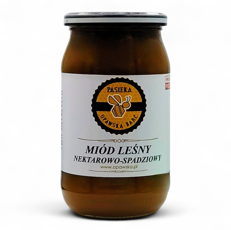 Słoik z miodem leśnym nektarowo-spadziowym od Pasieki Opawska Barć, z widoczną etykietą i logotypem pszczoły na tle plastra miodu. Produkt na białym tle.
