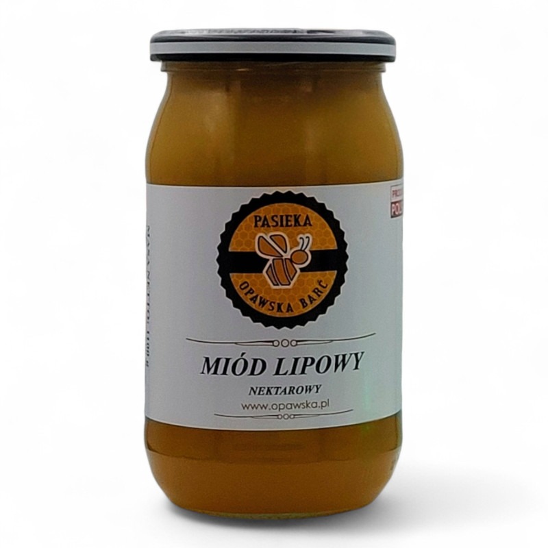 Słoik miodu lipowego z etykietą 'Pasieka Opawska Barć' na białym tle. Widoczny napis 'Miód Lipowy Nektarowy' i adres strony internetowej.