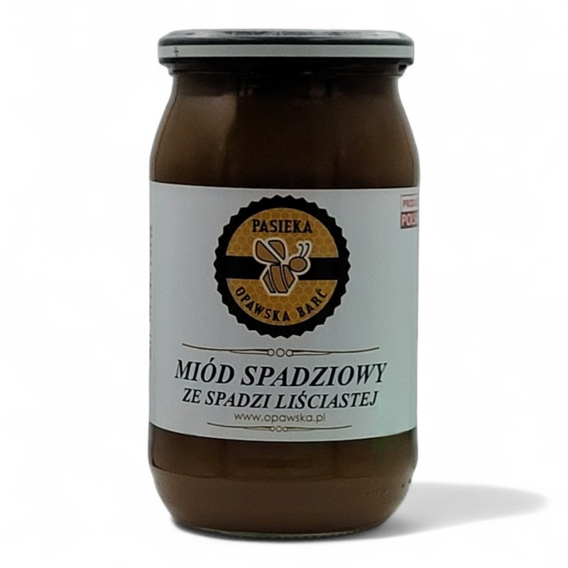 Słoik z ciemnym miodem spadziowym liściastym, etykieta z logo pasieki Opawska Barć. Produkt polski, na białym tle.