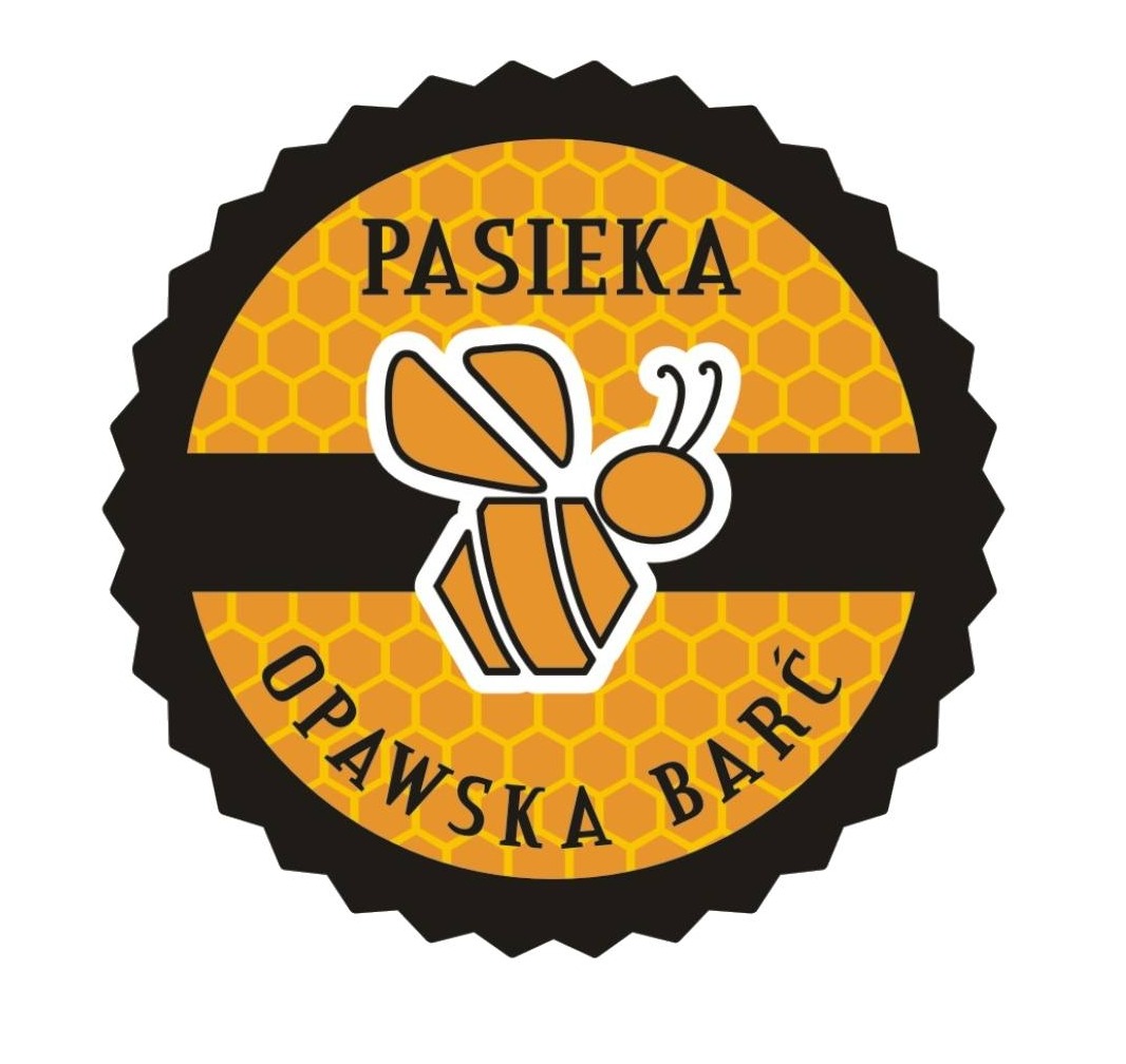 Grafika: Logo pasieki z motywem plastra miodu, stylizowaną pszczołą i nazwą 'Pasieka Opawska Barć' w kolorach żółtym, pomarańczowym i czarnym.
