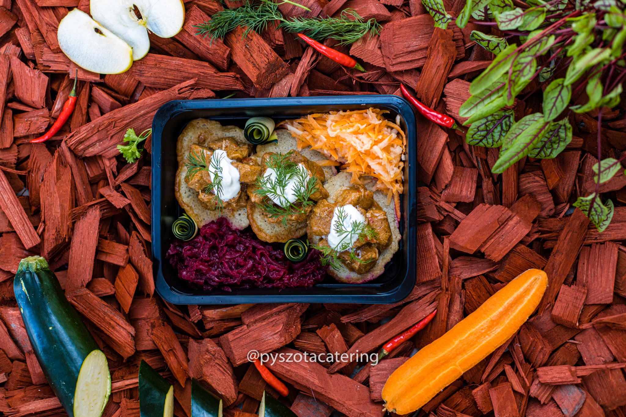 Danie w czarnym pojemniku na tle czerwonych zrębków drzewnych, z dodatkami warzywnymi, w tym papryczkami chili, jabłkiem, cukinią i marchewką.