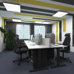 Nowoczesne biuro z białymi biurkami, szarymi krzesłami i ścianami w kolorach białym, żółtym i czarnym, z roślinami w rogu.