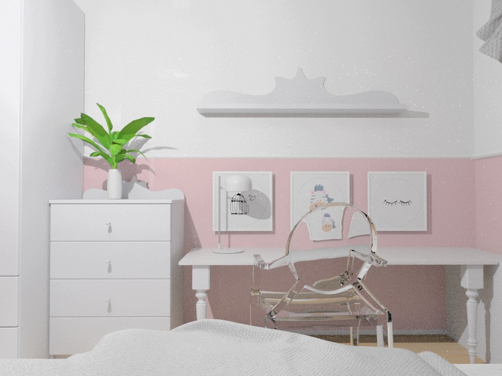 Pokój dziecięcy z białymi meblami, biurkiem, komodą i przezroczystym krzesłem-zabawką w kształcie konika, dekoracje ścienne w pastelowych kolorach i roślina doniczkowa na komodzie.