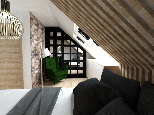 Pokój na poddaszu z drewnianą boazerią na suficie, ceglaną ścianą i zielonym fotelem uszakiem. Czarna, geometryczna konstrukcja okienna w tle. Widok z łóżka z szarą narzutą.