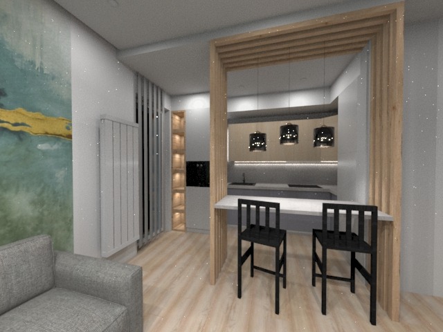 Wizualizacja nowoczesnej kuchni z wyspą i dwoma czarnymi krzesłami barowymi, widok z salonu z szarą sofą i abstrakcyjnym obrazem na ścianie.