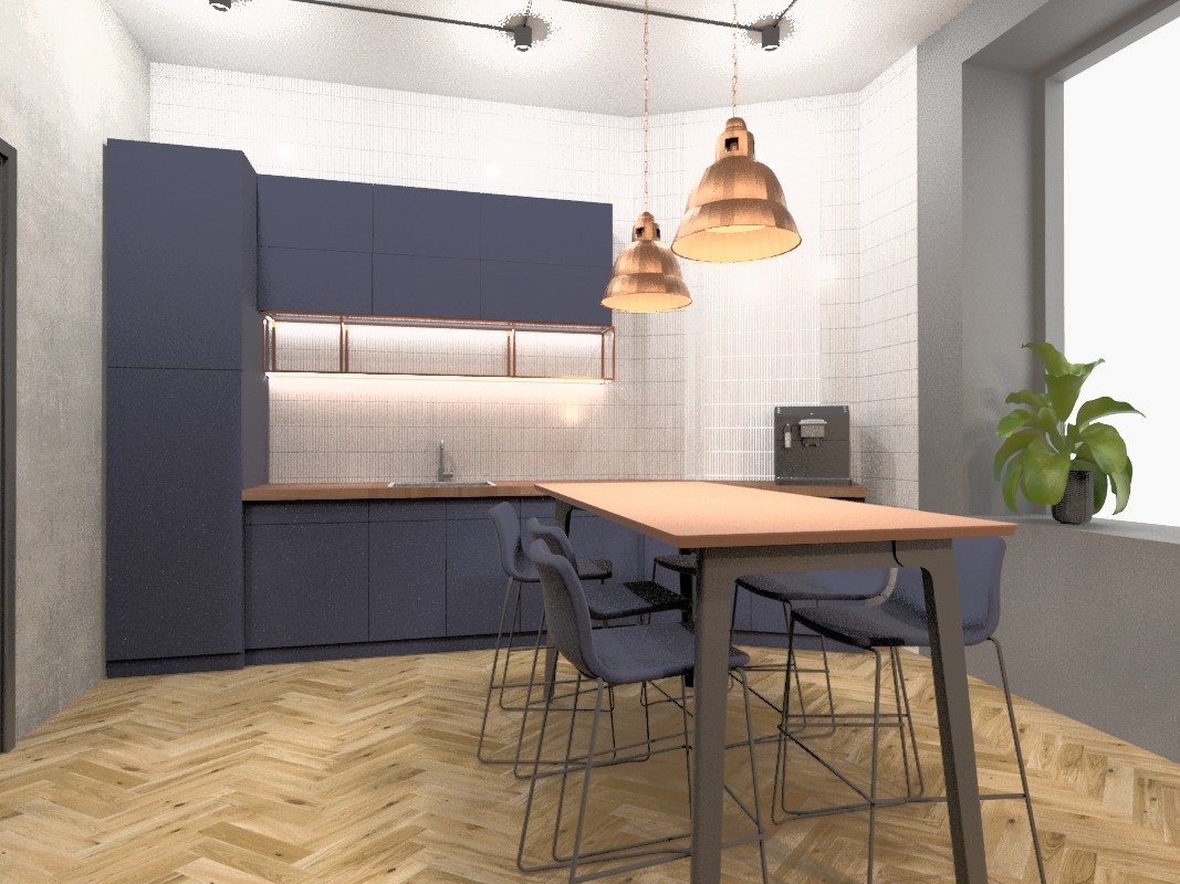 Nowoczesna kuchnia w odcieniach granatu z drewnianym blatem, oświetlona wiszącymi lampami w stylu industrialnym i z drewnianą podłogą w jodełkę.