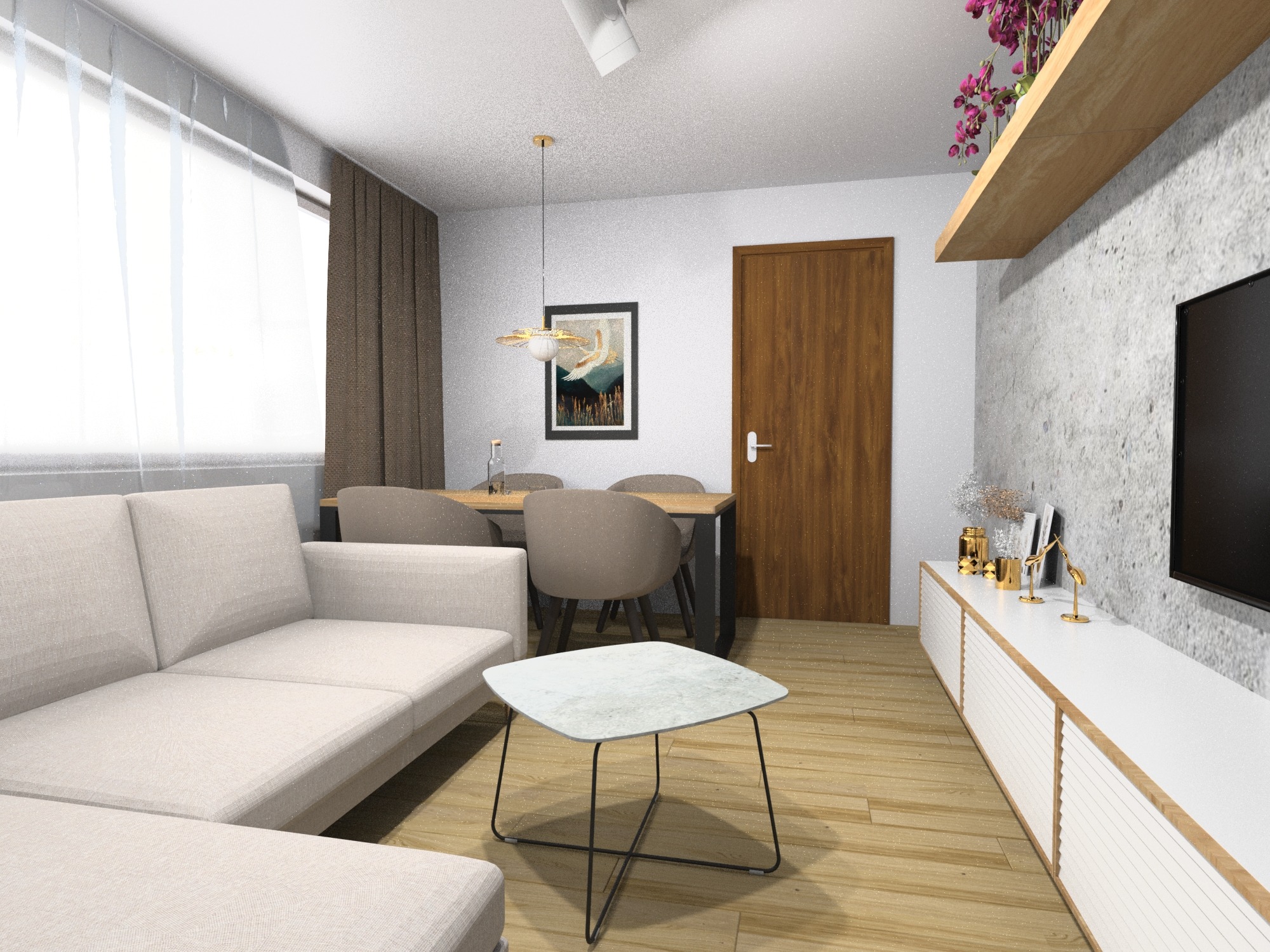 Jasne wnętrze mieszkania z sofą, stolikiem kawowym o marmurowym blacie, stołem jadalnym z krzesłami, telewizorem na ścianie z betonową fakturą i półką z kwiatami.