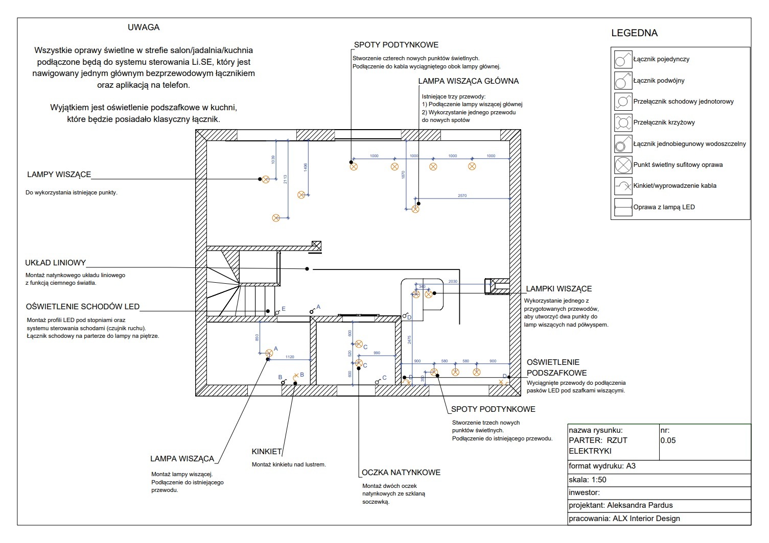 Rzut elektryki parteru, schemat rozmieszczenia oświetlenia z uwzględnieniem lamp wiszących, kinkietów, spotów podtynkowych, oczek natynkowych i oświetlenia schodów LED, z legendą symboli...