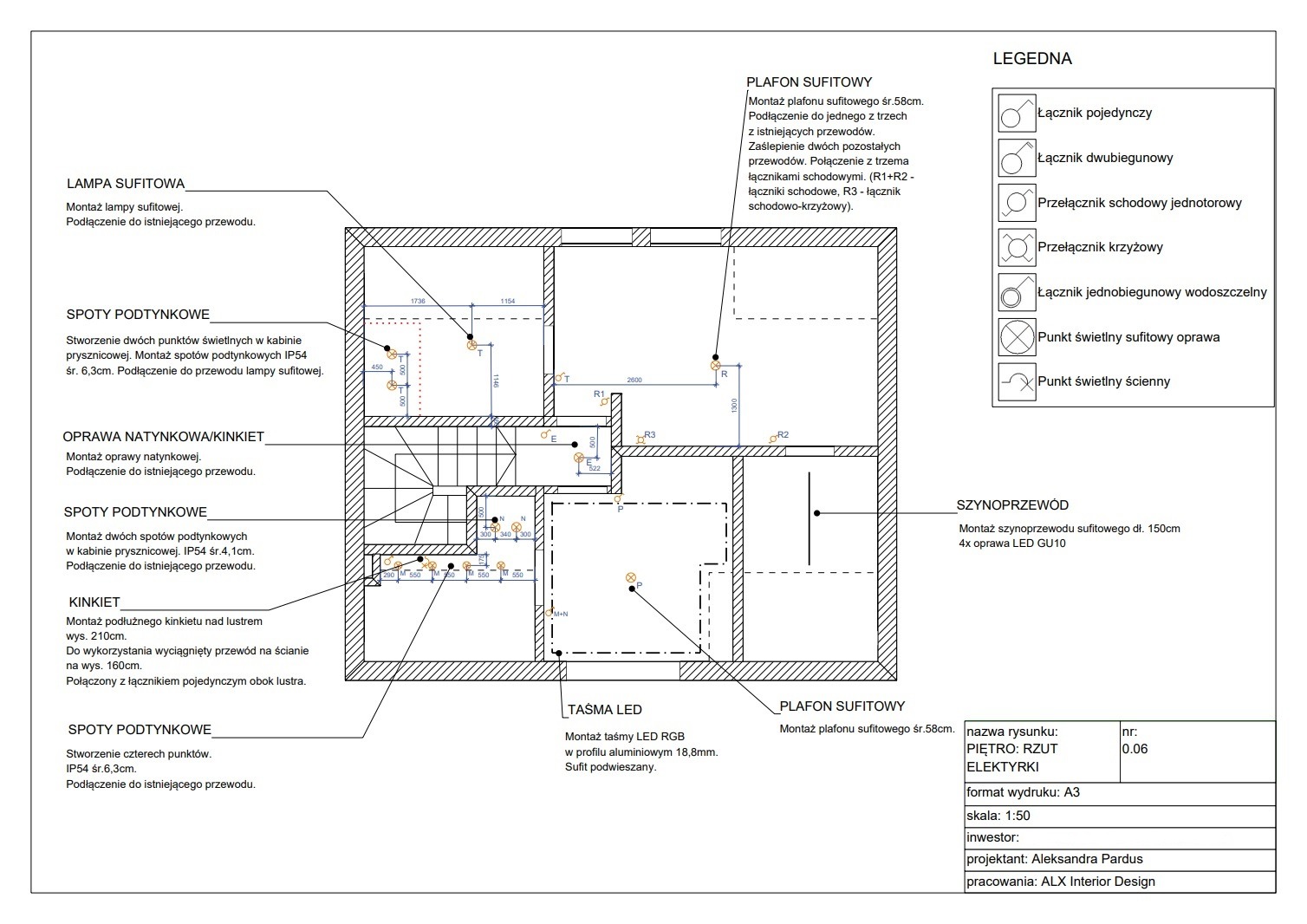 Rzut elektryki piętra, plan rozmieszczenia oświetlenia sufitowego i ściennego, z legendą symboli łączników i punktów świetlnych, zawierający wymiary pomieszczeń i informacje o montażu lamp, taśmy...