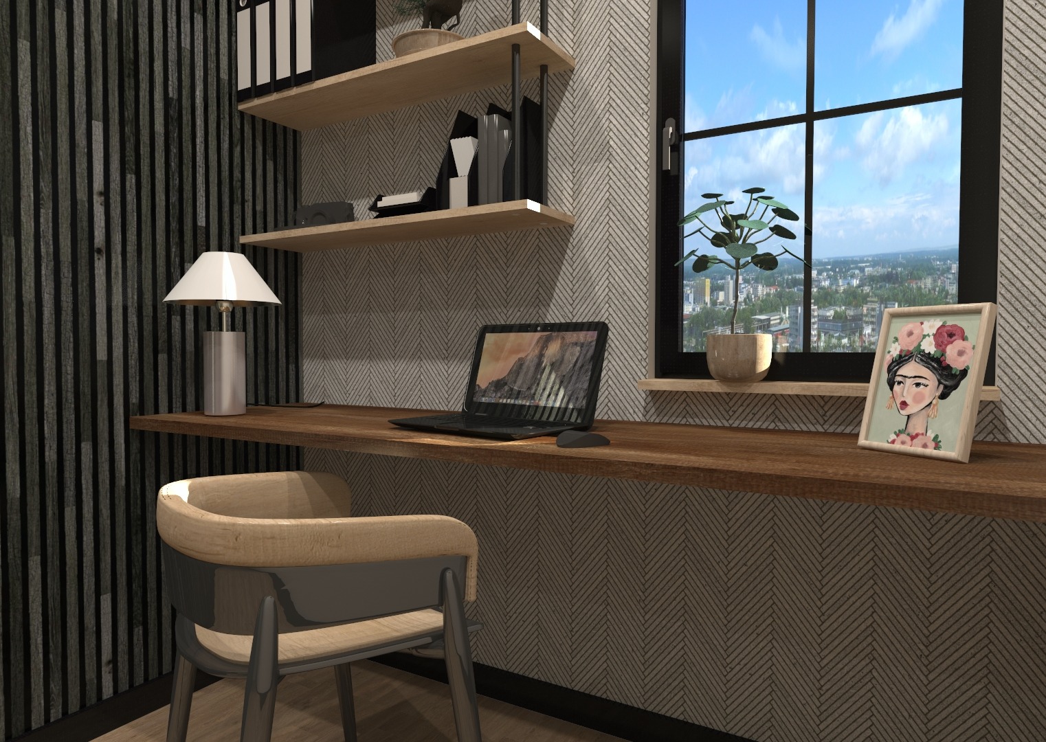 Biurko z laptopem, lampką i dekoracjami przy oknie z widokiem na miasto, krzesło z jasnego drewna, ściana w jodełkę i półki z książkami