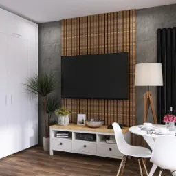 Wizualizacja wnętrza salonu z telewizorem, drewnianą ścianą, białymi meblami i okrągłym stołem z nakryciem.